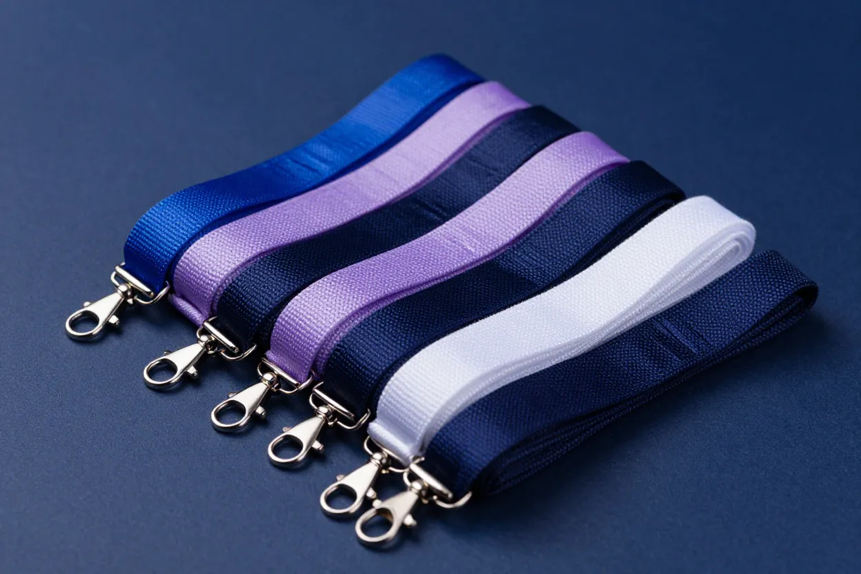 Cordões para crachá em azul, lavanda, marinho e branco, com mosquetões prateados